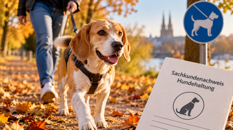 Hund an der Leine mit Sachkundenachweis für Hundehalter und Schild zur Leinenpflicht im Park.